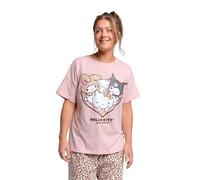 Hello Kitty Womens Pyjamas- Official Sanrio Cotton PJs, Heart Design featuring Hello Kitty, My Melody and Kuromi - Short Sleeve Top and Leopard Print Bottoms - 100% Cotton, Soft Pyjama Set - XS-XL