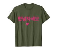 Hello Korean Annyeonghaseyo Word with Heart T-Shirt, Men, Olive Green, Medium
