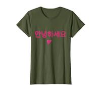 Hello Korean Annyeonghaseyo Word with Heart T-Shirt, Women, Olive Green, Medium