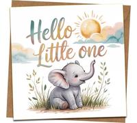 Hello Little One New Baby Greeting Card - Cute Baby Elephant Design, 145mm x 145mm Square - Gender Neutral Congratulations Card with Kraft Envelope