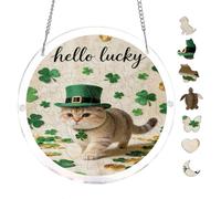 Hello Lucky Jigsaw Puzzle, Scottish Fold Cat with Leprechaun Hat, Clover Pendant & Gold Coins, Round Acrylic Crystal Jigsaw Window Hanging Ornament, 8.9 Inch