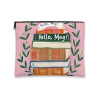 Hello May Makeup Bag, Peach Books Artistic Cosmetic Travel Pouch for Women, Portable Small Canvas Zipper Organizer, Spring Gift Toiletry Bag, Peach, 7x9 Inch, Books