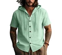Hello MrLin Lyocell Linen Shirts Men Summer Casual Button Down T Shirts for Men UK Lightweight Beach Holiday Short Sleeve Shirts with Hood Green