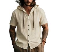 Hello MrLin Lyocell Linen Shirts Men Summer Casual Button Down T Shirts for Men UK Lightweight Beach Holiday Short Sleeve Shirts with Hood Khaki