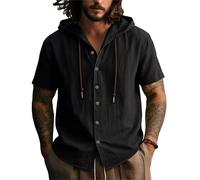 Hello MrLin Lyocell Linen Shirts Men Summer Casual Button Down T Shirts for Men UK Lightweight Beach Holiday Short Sleeve Shirts with Hood Black