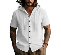 Hello MrLin Lyocell Linen Shirts Men Summer Casual Button Down T Shirts for Men UK Lightweight Beach Holiday Short Sleeve Shirts with Hood White