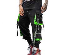 Hello MrLin Men's Jogger Pants Punk Cargo Baggy Techwear Hip Hop Harem Pants Streetwear Tactical Track Pant, Black&green, Small