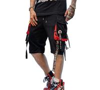 Hello MrLin Men's Korean Fashion Cargo Shorts Work Trousers Leisure Trousers with Pockets Summer Jogging Bottoms Hip Hop Techwear Streetwear, Black Red, XL