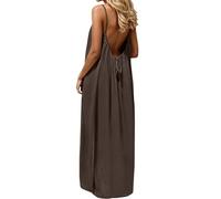 Hello MrLin Summer Dresses for Women UK Sleeveless Maxi Backless Cami Dress Elegant Casual Holiday Spaghetti Strap Flowy Beach Dress Coffee Brown