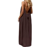 Hello MrLin Summer Dresses for Women UK Sleeveless Maxi Backless Cami Dress Elegant Casual Holiday Spaghetti Strap Flowy Beach Dress Coffee Brown