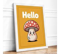Hello Mushroom Modern Framed Wall Art Print A2 (59.4×42cm) White, Wall Decor for Living Room, Bedroom, Office & Home, Ready to Hang, Art Gift