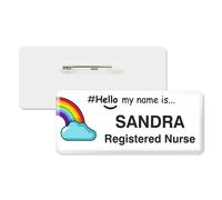 Hello My Name is Arching Rainbow Left Personalised Premium Domed Bespoke Custom Name Badge 76 x 32mm White/White