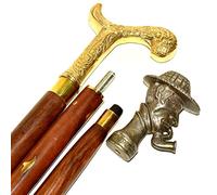 Hello.Nauticals.Store Collectible Vintage Carved Wood Pool Cue Walking Stick Cane Brass 2 Knob