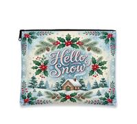 Hello Snow Winter Cabin Quote Christmas Makeup Bag 7x9 Inch | Holly Berry Accents, Makeup Zipper Pouch, Evergreen Pine Branches, Snowy Landscape Illustration, Elegant Script Typography