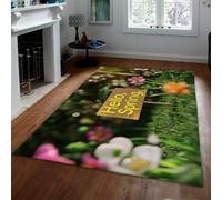 Hello Spring Area Rug 80x120cm Green Grass Colorful Flower Carpet Machine Washable Low-Pile Flannel Accent Rug Non-slip Floral Floor Mat for Entryway Bedroom Nursery Decor