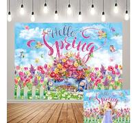 Hello Spring Backdrop Colorful Flower Butterfly Tulip Photography Background Spring Garden Easter Holiday Party Decorations Banner Photo Prop (7x5FT(82x59 inch))