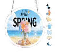 Hello Spring Beach Floral, Round Acrylic Crystal Jigsaw Window Hanging Ornament, Coastal Lily Hydrangea Wall Sign for Window, 8.9 Inch