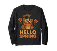 Hello Spring Groundhog Sunglasses Flowers Long Sleeve T-Shirt