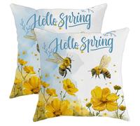 Hello Spring Honeybee Throw Pillow Covers Pack of 2 Yellow Floral Nature Bug Watercolor Plants Wild Colorful Cozy Velvet Couch Decor Bedroom Sofa Patio Living Room Cushion Pillowcases 18x18inch
