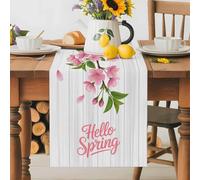Hello Spring Peach Blossom Floral Table Runner 72 Inches Long,Table Runners Kitchen Dining Tables Decoration for Home Party Decor, Pink Flower Rustic Wood Grain Tables Runner Wedding Dresser Scarf
