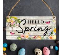 Hello Spring Wooden Plaque - Vibrant Flowers & Easter Eggs, Handcrafted Seasonal Home Decor, Perfect for Family Gatherings & Springtime Cheer (Large: 29 cm (H) × 13.5 cm (W))