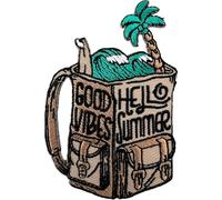 Hello Summer Backpack Patch Iron Sew On Clothes Bag Shirt Jacket Rucksack Crafts Embroidered Badge Surfboard Palm Tree Sea Waves Khaki Beige Applique Motif Decal