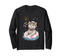 Hello Summer Cat in Pool Float Cute Vacation Art Long Sleeve T-Shirt