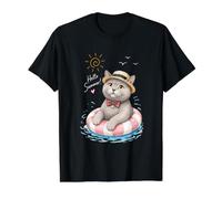 Hello Summer Cat in Pool Float Cute Vacation Art Value Graphic T-Shirt, Men, Black, L