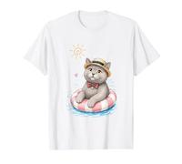 Hello Summer Cat in Pool Float Cute Vacation Art Value Graphic T-Shirt, Men, White, XL