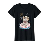 Hello Summer Cat in Pool Float Cute Vacation Art Value Graphic T-Shirt, Women, Black, L