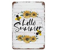 Hello Summer Rust Tin Plaque Bee Honey Gnome Metal Sign Minimalist Colorful Summer Theme Ocean Themed Decor with Pre Drilled Holes for Table Sewing Room Terrace Man Cave 8x12in