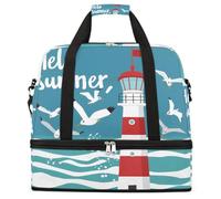 Hello Summer Seagull Lighthouse Foldable Travel Duffel Bag Expandable Gym Bag with Shoe Compartment Large Capacity Weekender Bag Carry On Tote Bag for Travel Sports Overnight Trips