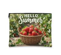 Hello Summer Strawberry Makeup Bag, Floral Greenery Cosmetic Pouch for Women, Portable Canvas Zipper Organizer, Summer Skincare Toiletry Bag, Green, 7x9 Inch, Strawberry