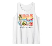 Hello Summer Tropical Beach Watercolor Surfer Girl Flamingo Tank Top