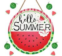 Hello Summer Watermelon Front Door Sign Green Stripes Red Buffalo Plaid Wooden Hanging Sign for Summer Door Hanger Wall Sign for Indoor Outdoor Farmhouse Home Porch Garden Decor