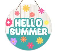Hello Summer Welcome Door, Colorful Flowers Decor Decorative, Rustic Summer Welcome, Home Office Farmhouse Yard Garden Synthetic Round Wood Sign 12 x 12 inch