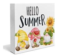 Hello Summer Wood Box Sign Desk Decor Lemon Watermelon Sunflower Gnomes Wood Block Sign Decor for Home Shelf Wall