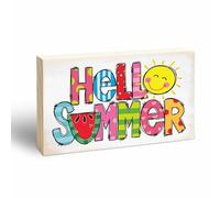 Hello Summer Wooden Block Sign - 4 X 6" Pine Wood Plaque, Home & Office Decorations, Housewarming Gift, Table, Shelf, Desk Decor & Accessories - A09