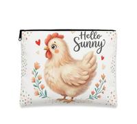 Hello Sunny Makeup Bag, Adorable Chicken Floral Cosmetic Travel Pouch for Women, Portable Canvas Zipper Organizer, Spring Gift Toiletry Bag, White, 7x9 Inch, Chicken
