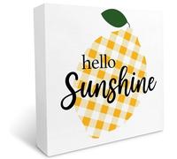 Hello Sunshine Lemon Wooden Box Sign Summer Desk Decor,Farmhouse Fruit Lemon Wood Block Sign Desk Decorations for Country Home Kitchen Farm Garden Shelf Table Decor 5x5 Inch