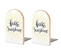 Hello Sunshine with Retro Sunburst Hand Drawn Lettering on White Book Shelf Holder, Bookends Book Stand for School Home Office Desks Library Books Movies DVDs Files Magazines S