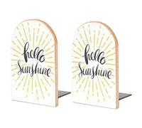 Hello Sunshine with Retro Sunburst Hand Drawn Lettering on White Book Shelf Holder, Bookends Book Stand for School Home Office Desks Library Books Movies DVDs Files Magazines M