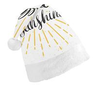 Hello Sunshine with Retro Sunburst Hand Drawn Lettering on White Christmas Hat, Santa Hat, Xmas Comfort Holiday Hat for Adults, for Christmas Party New Year Festive Holiday Home Decorations