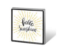 Hello Sunshine with Retro Sunburst Hand Drawn Lettering on White Square Badge Smooth Surface Lapel Tie Pin, Lightweight Badge for Women Men Office Worker Nurse Teacher Student Shirts Backpack