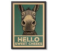 Hello Sweet Cheeks Donkey Poster, Retro Animal Bathroom Print, Comedy Toilet Wall Art, A5 (Black Frame) - 24.1x17.9cm