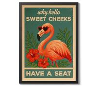 Hello Sweet Cheeks Flamingo Poster, Retro Animal Bathroom Print, Comedy Toilet Wall Art, A5 (Black Frame) - 24.1x17.9cm