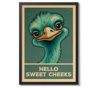 Hello Sweet Cheeks Ostrich Poster, Retro Animal Bathroom Print, Comedy Toilet Wall Art, A5 (Black Frame) - 24.1x17.9cm