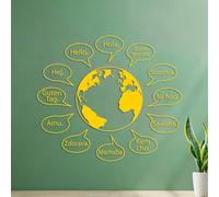 Hello Text in Multiple Languages World Map Text Coffee Shop Logo Wall Decals Paster Paper Glass Stickers 54.6x62.8cm Yellow