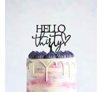 Hello Thirty Heart Acrylic Cake Milestone Topper for Men and Women, 30th Birthday Cake Decoration (Black)