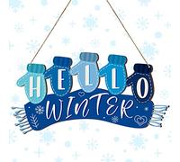 Hello Winter Christmas Decor Hanging Wood Wall Sign Rustic Wood Winter Decor Farmhouse Wall Hanging Plaque Gloves Scarf Snowflake Wooden Door Sign for Home Bathroom Garden Decorations (Hello Winter)